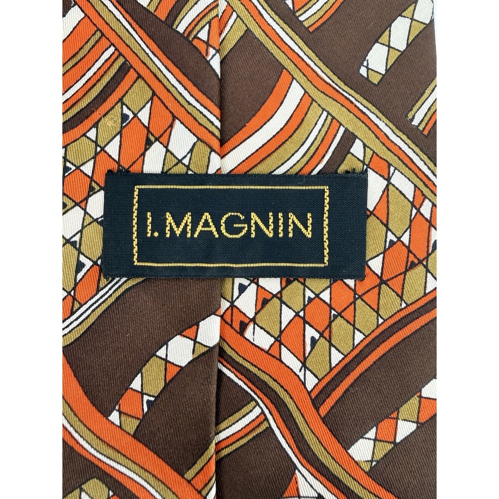 Vtg 70's I.Magnin 100% Silk Tie Spain Brown Orange Abstract Retro Geo Pattern - Picture 4 of 7